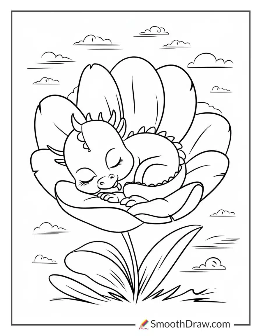 Baby dragon sleeping in a flower