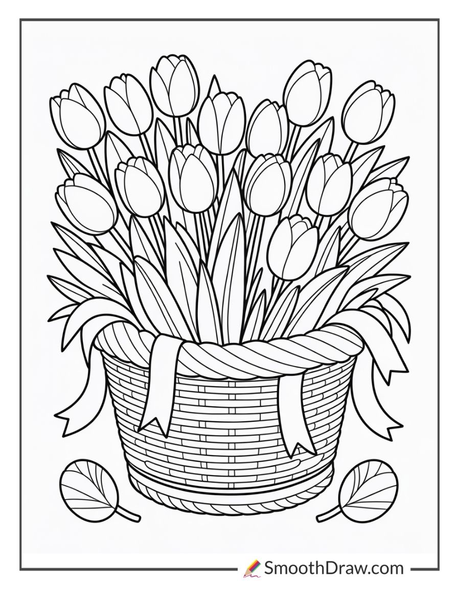 Basket Full Of Tulips For Coloring
