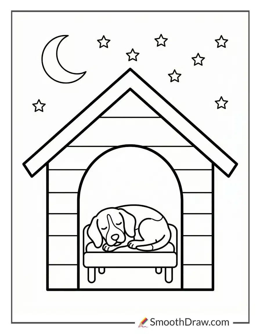 Beagle Resting In Doghouse At Night