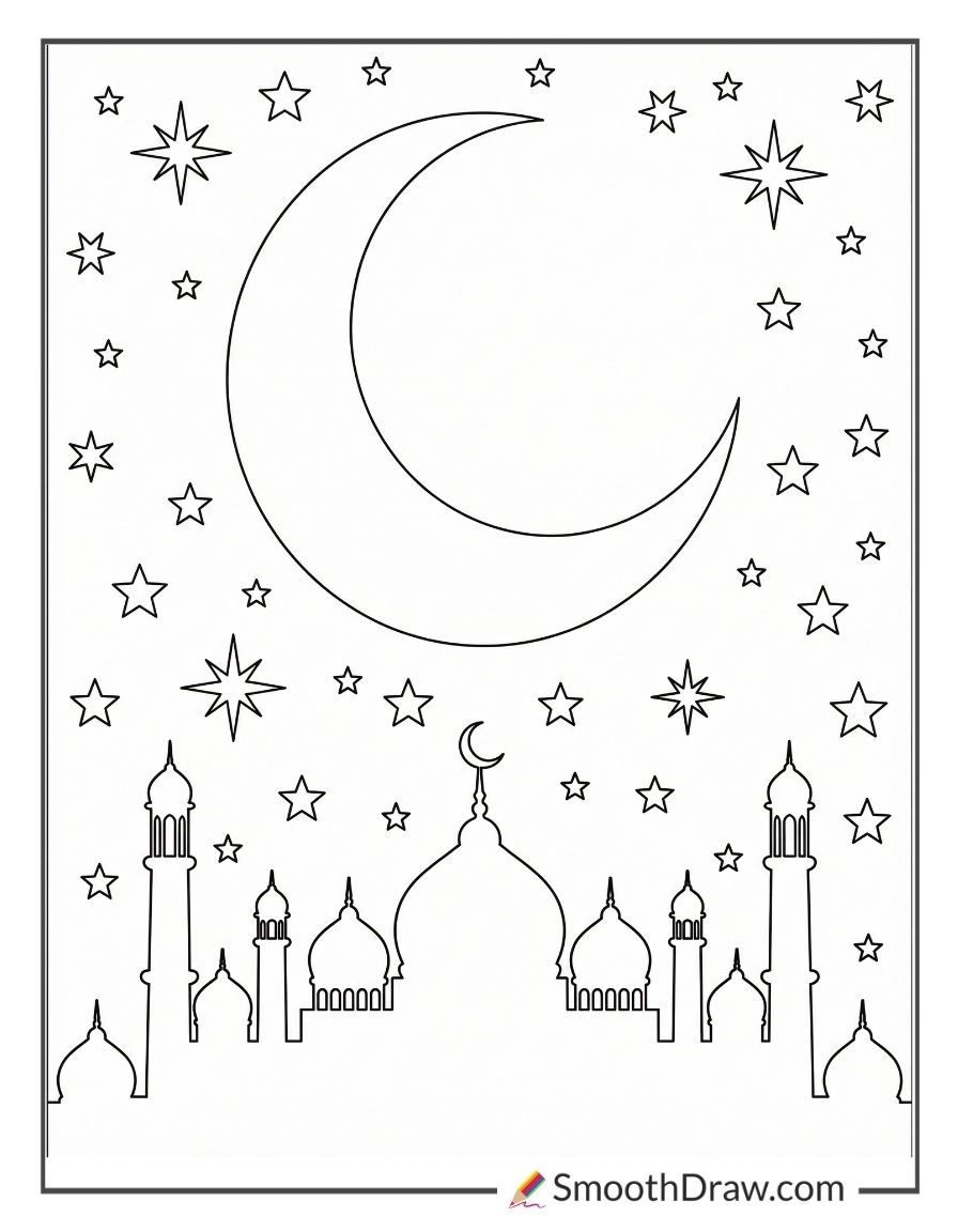 Beautiful Crescent Moon And Stars Coloring Page