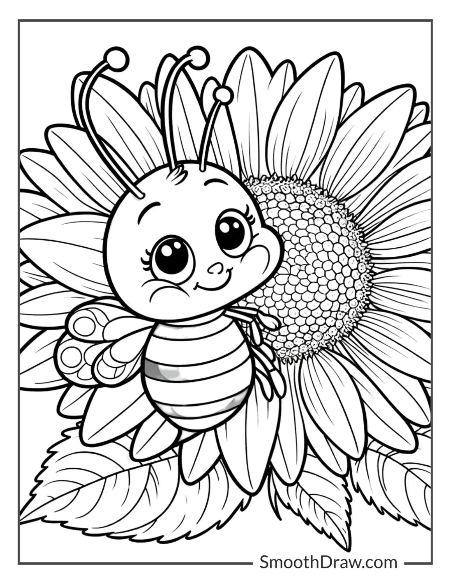 Bee resting on a sunflower Coloring Page