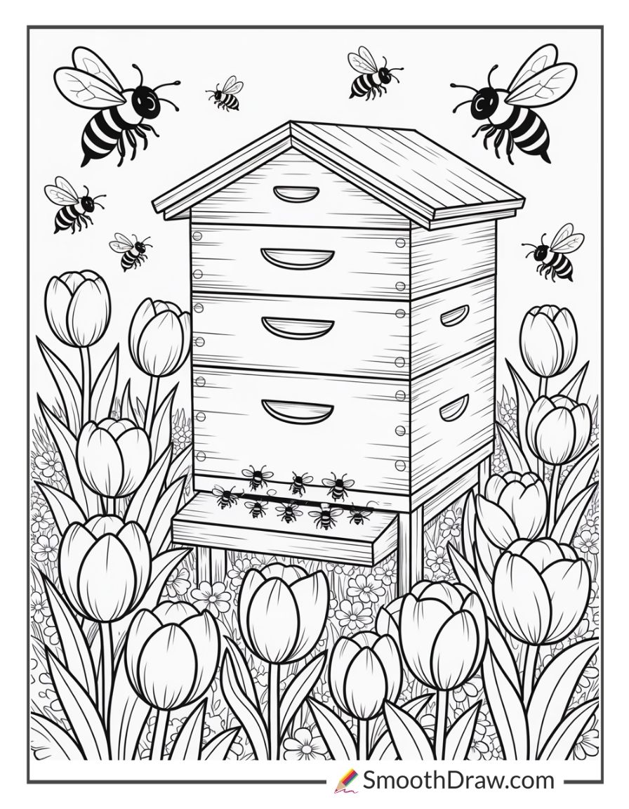 Beehive Near Tulip Garden Coloring Sheet