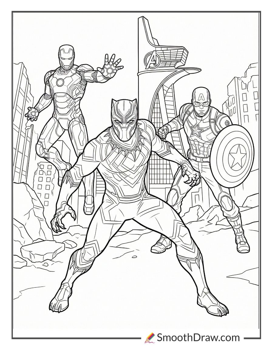 Black Panther And Avengers Team Up Coloring Page