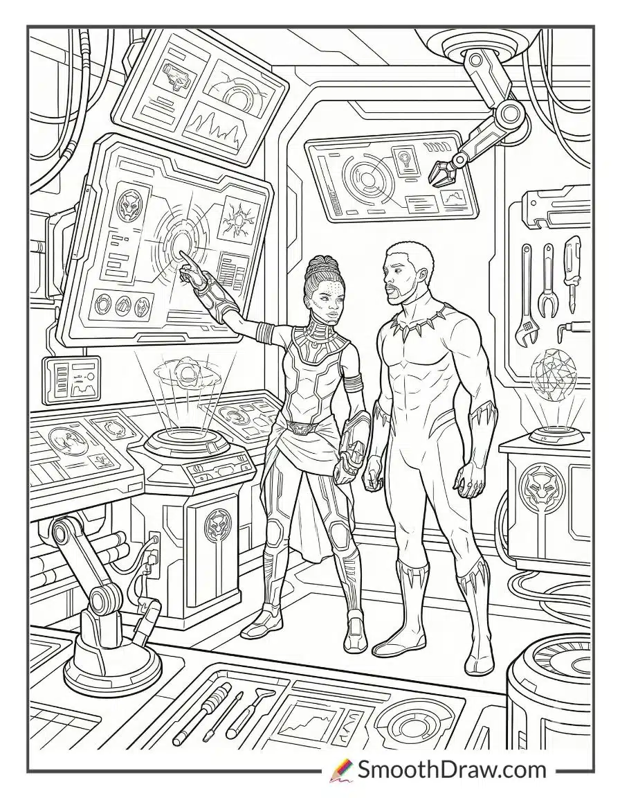 Black Panther And Shuri In The Lab Coloring Page