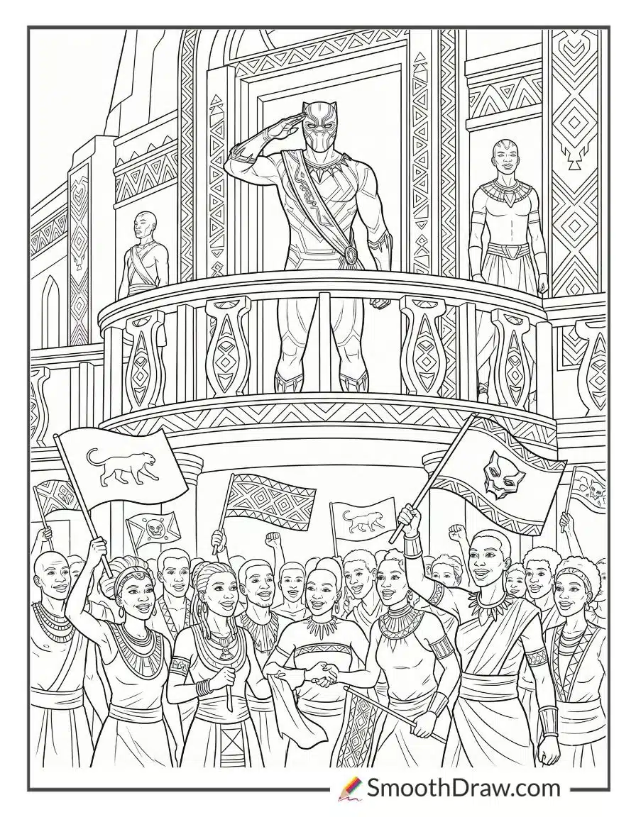 Black Panther Saluting Wakandan Citizens Coloring Page