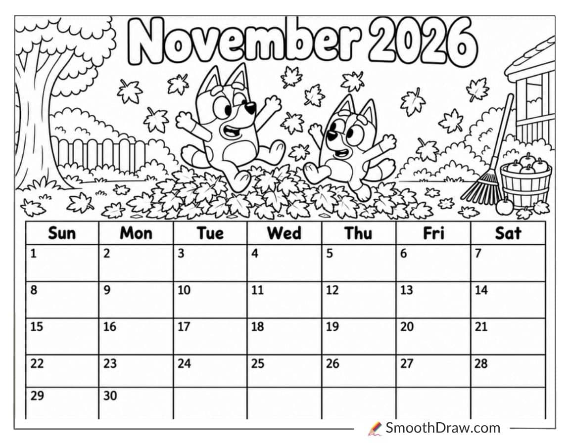 Bluey November 2026 Calendar Coloring Page