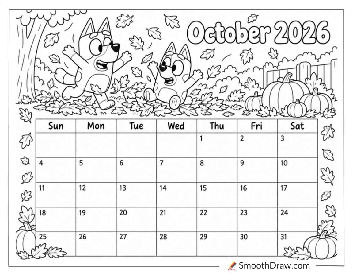 Bluey October 2026 Calendar Coloring Page