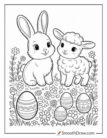Bunny and lamb in spring meadow