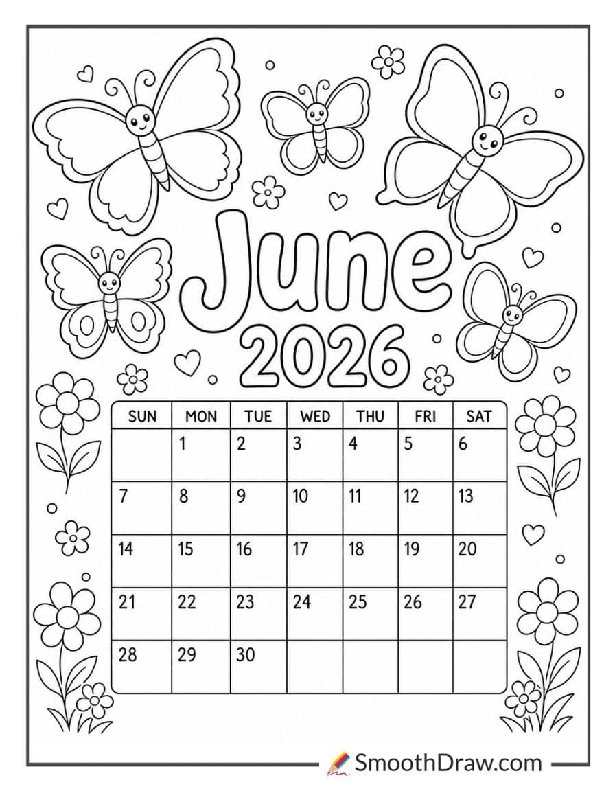 Butterflies June 2026 Calendar For Coloring