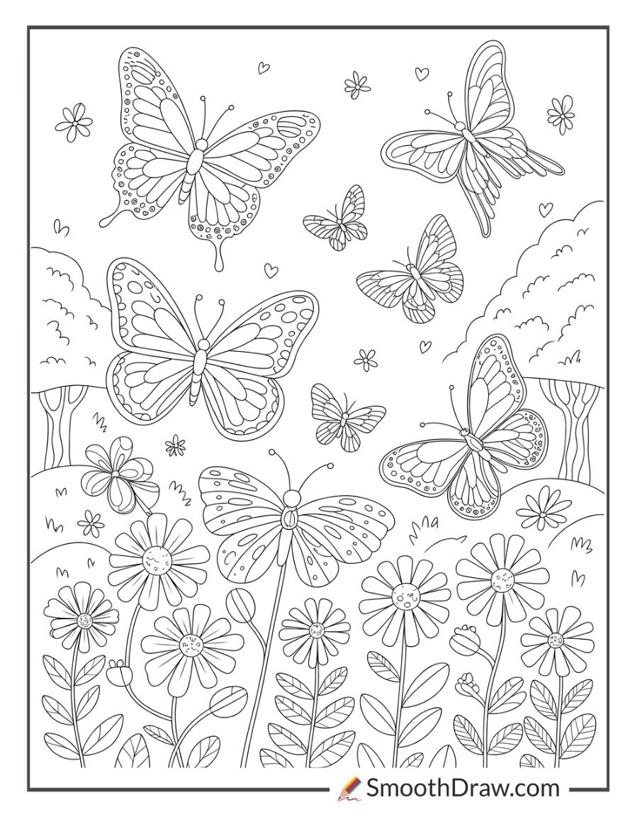 Butterflies Flying Over Forest Flowers