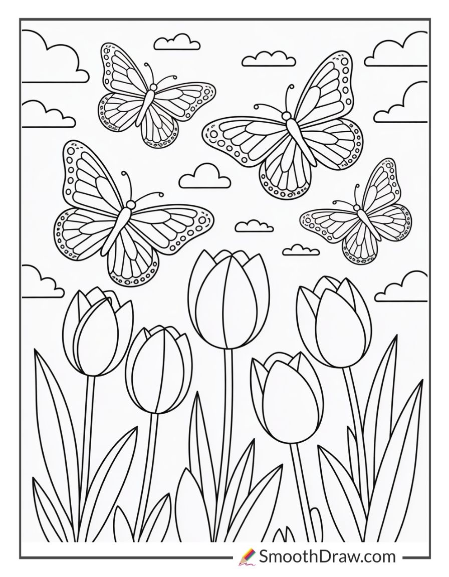 Butterflies Landing On Tulip Blooms