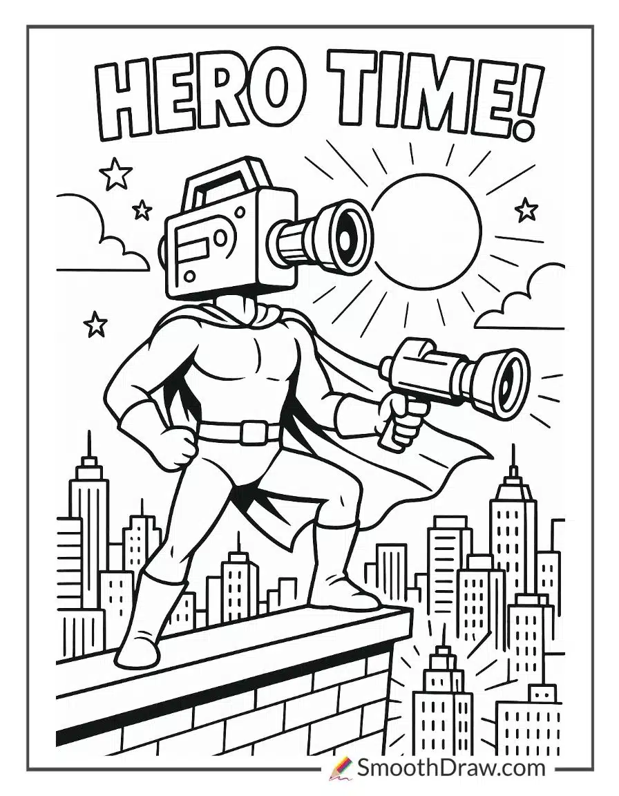 Camera Man Saving The City Coloring Sheet