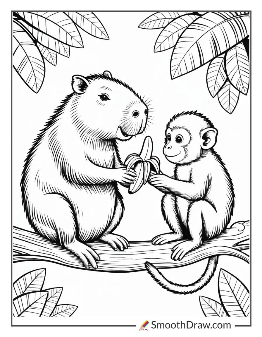 Capybara And Monkey Sharing A Banana Coloring Page
