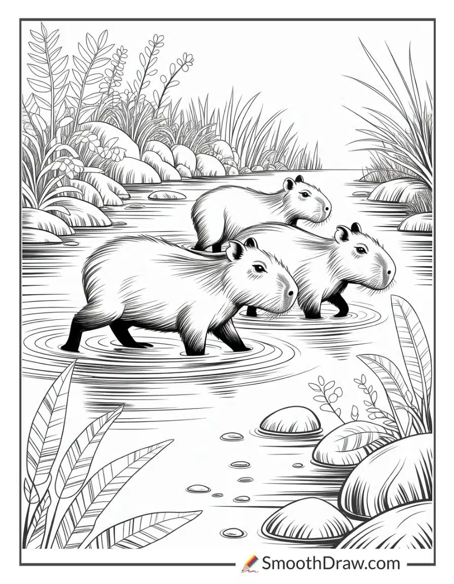 Capybara Family Crossing A Shallow River
