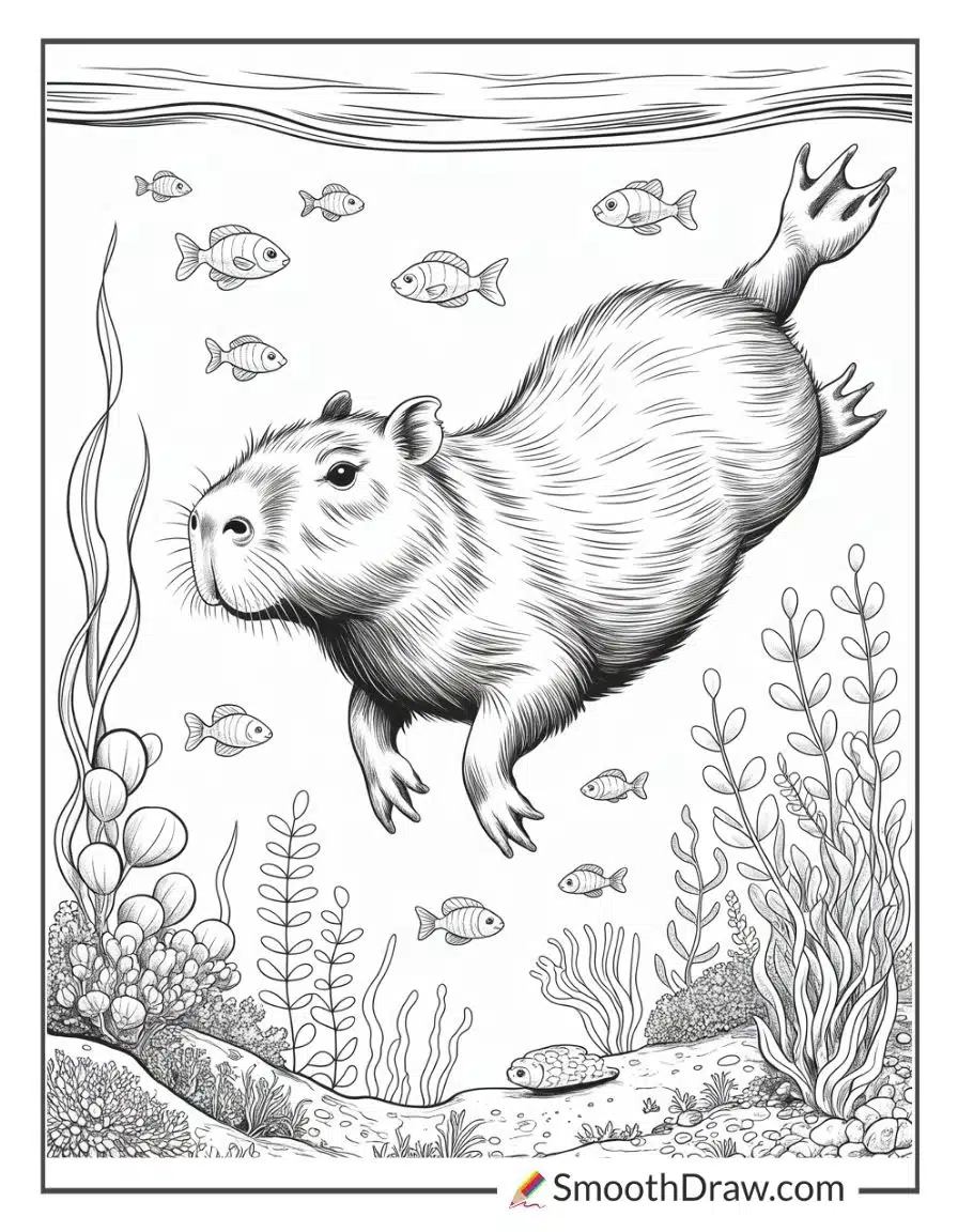 Capybara Swimming With Fish
