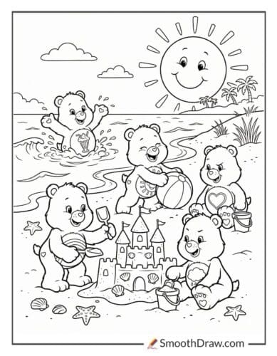 Care Bears summer beach day coloring sheet