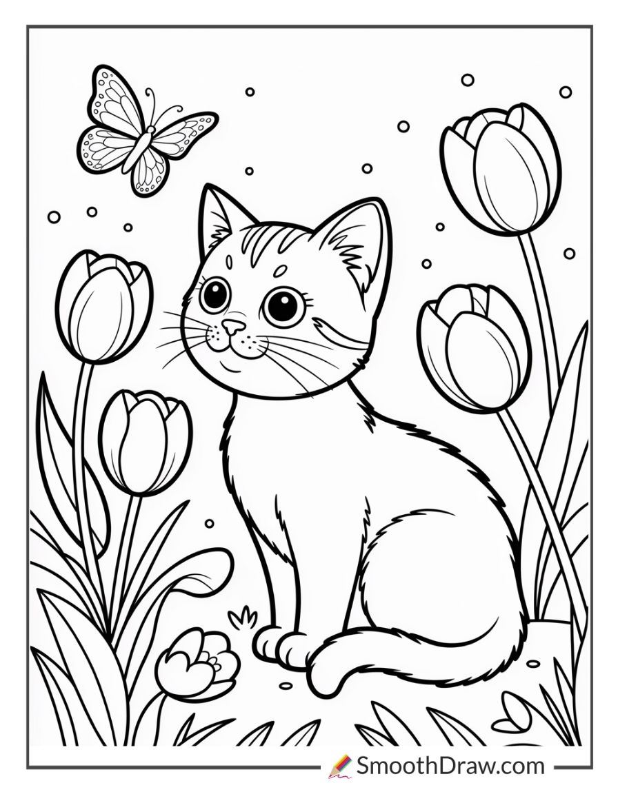 Cat Sitting Beside Tulip Flowers Coloring Pages
