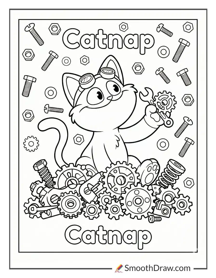 Catnap Surrounded By Toy Gears And Parts