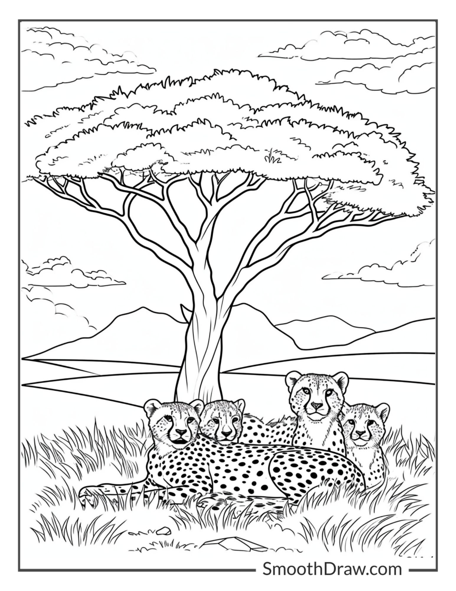 Cheetah family resting under an acacia tree