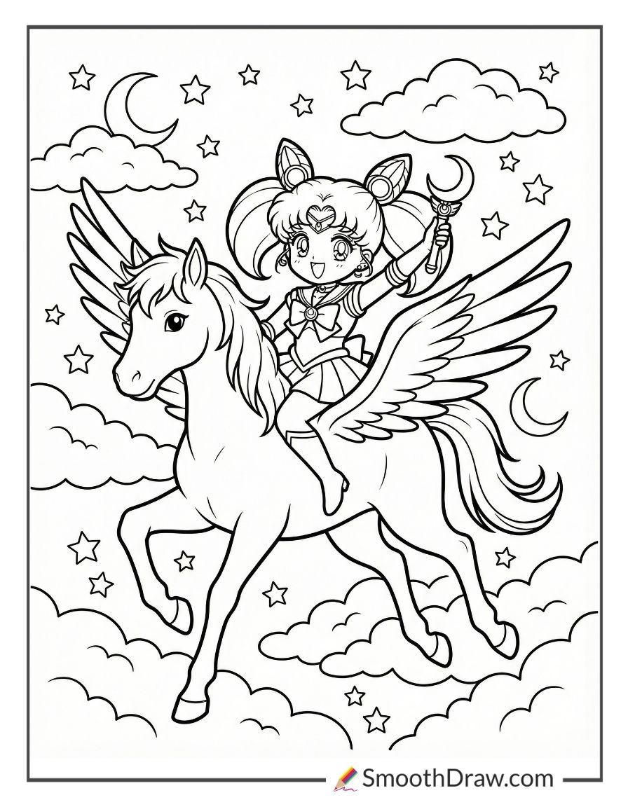 Chibi Moon With Pegasus For Coloring