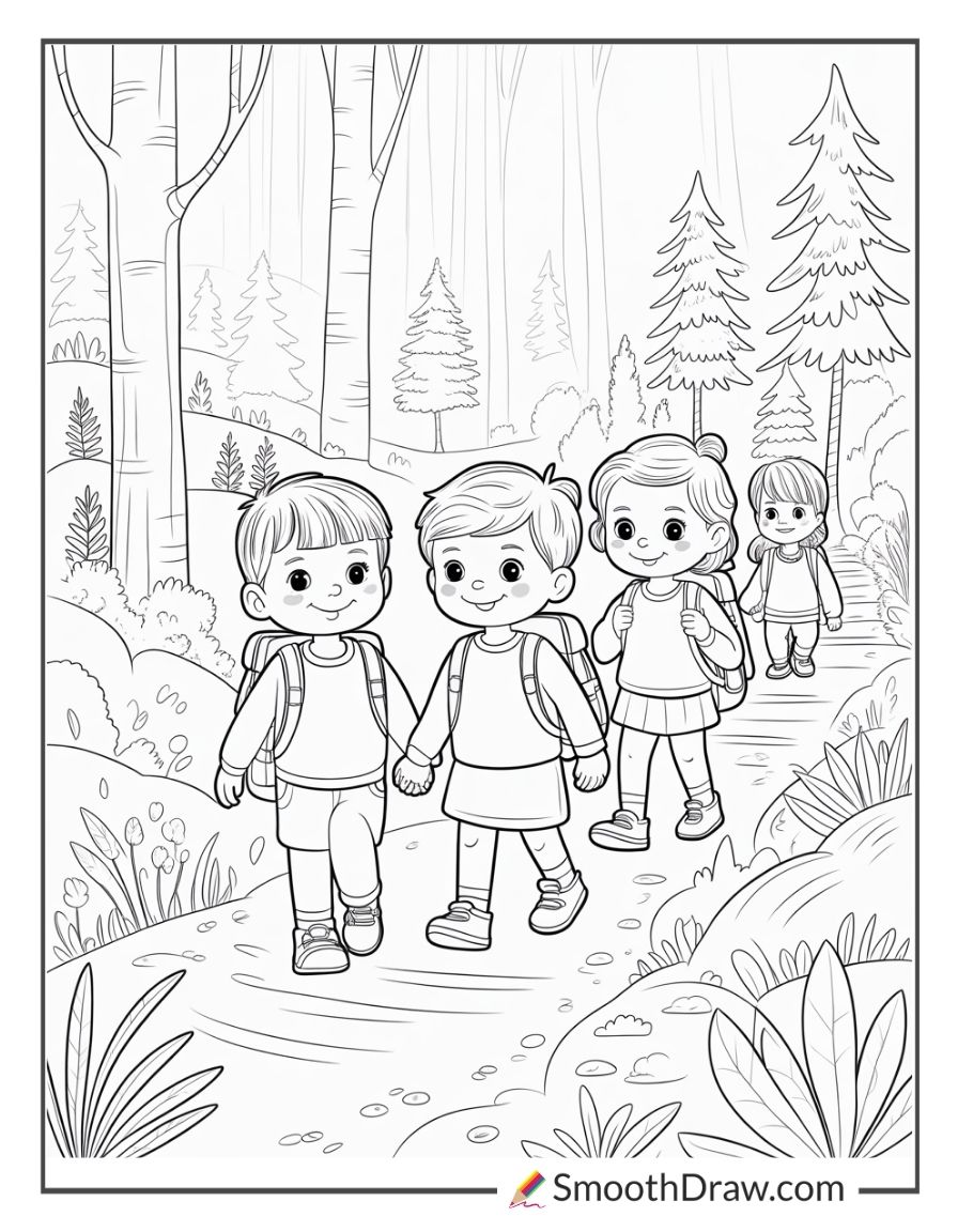 Children Hiking Through Forest Coloring Sheet