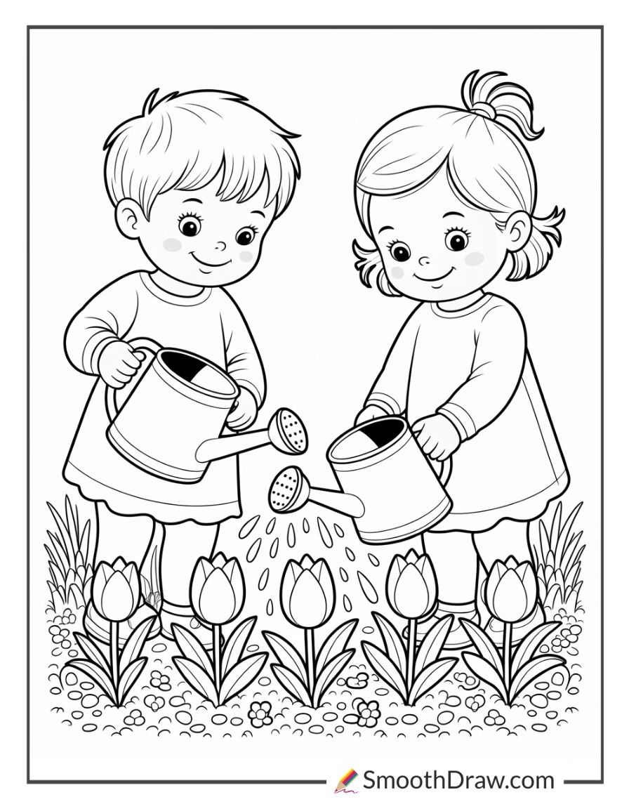 Children Watering Tulips In The Garden