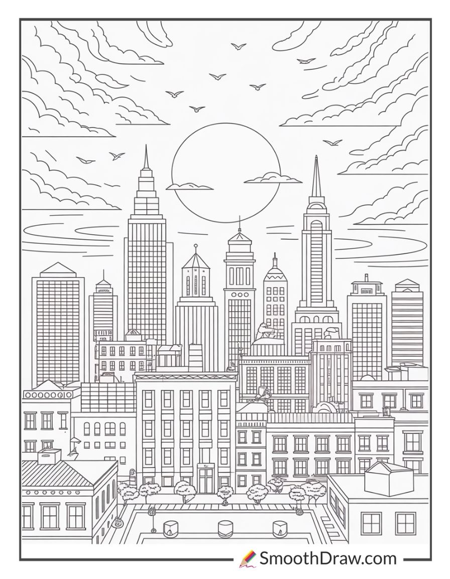 City Skyline At Sunset Coloring Sheet