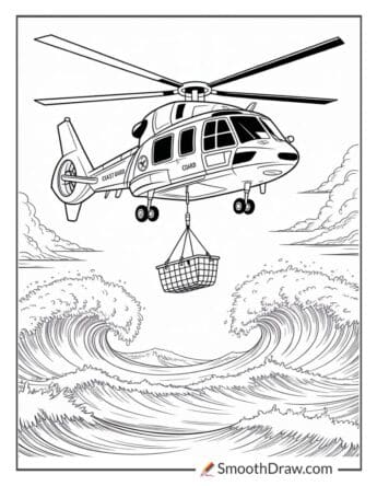 Coast guard helicopter above rough seas
