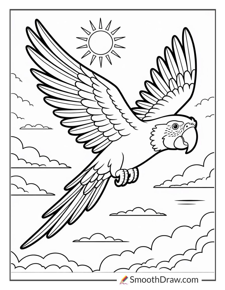 Colorful parrot flying high