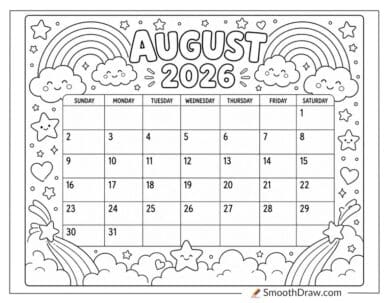 Colorful rainbow August 2026 calendar