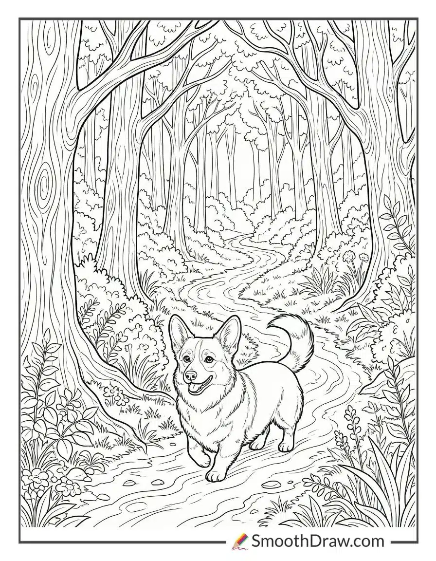 Corgi Exploring Forest Trail
