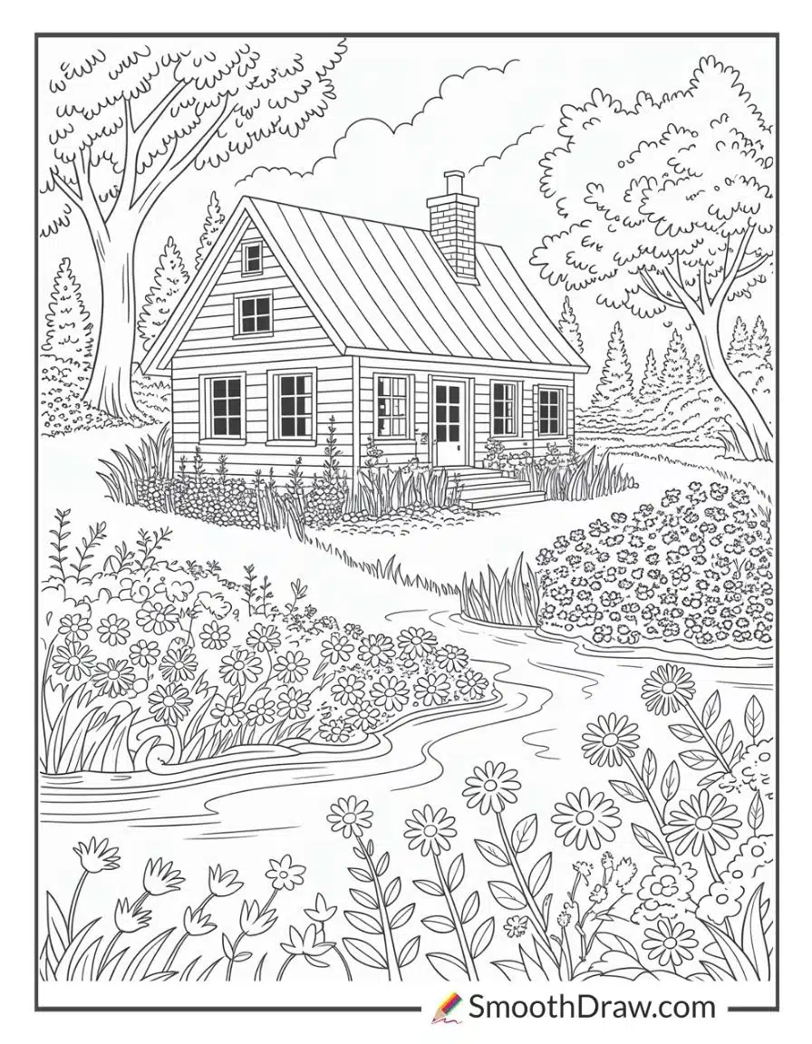 Country Cottage By The River For Coloring
