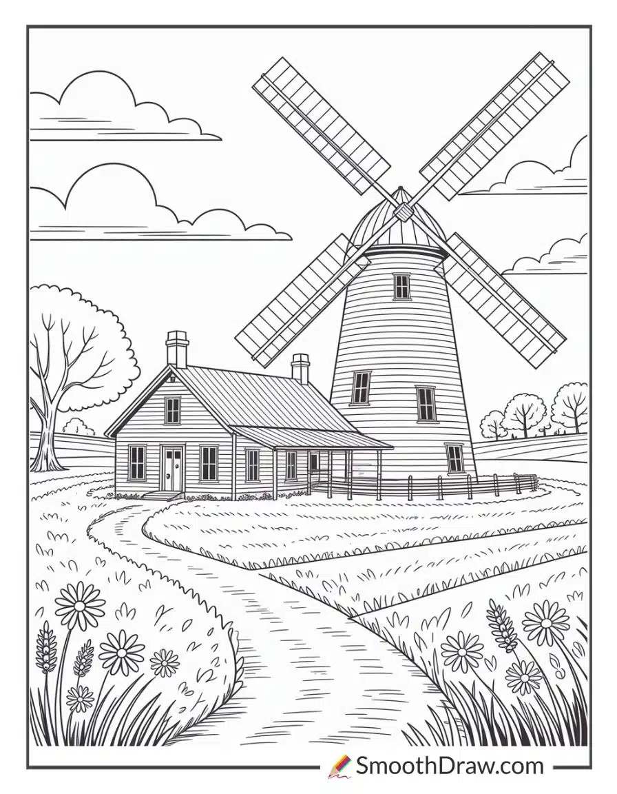 Country Windmill And Farmhouse Coloring Page