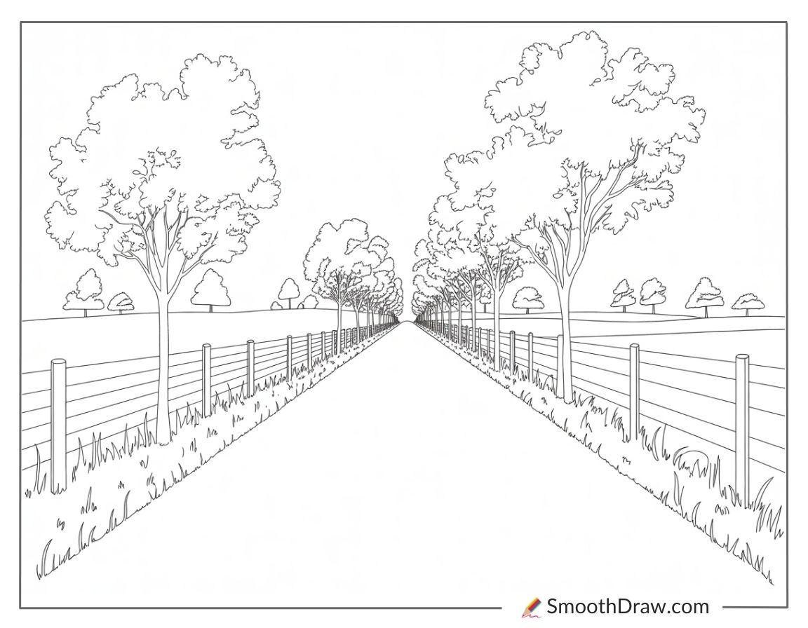 Countryside road lined with trees