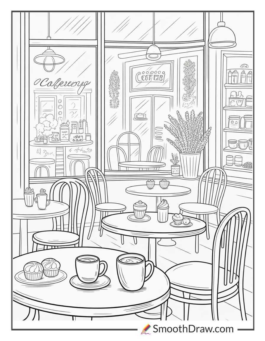 Cozy Coffee Shop Interior For Coloring