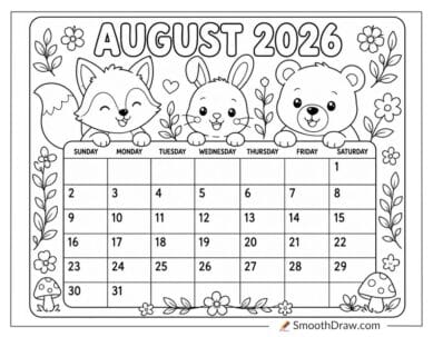Cute animal August 2026 calendar