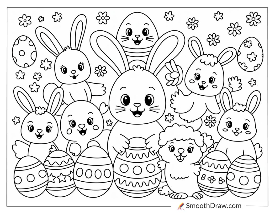 Cute Animals With Easter Eggs Coloring Pages