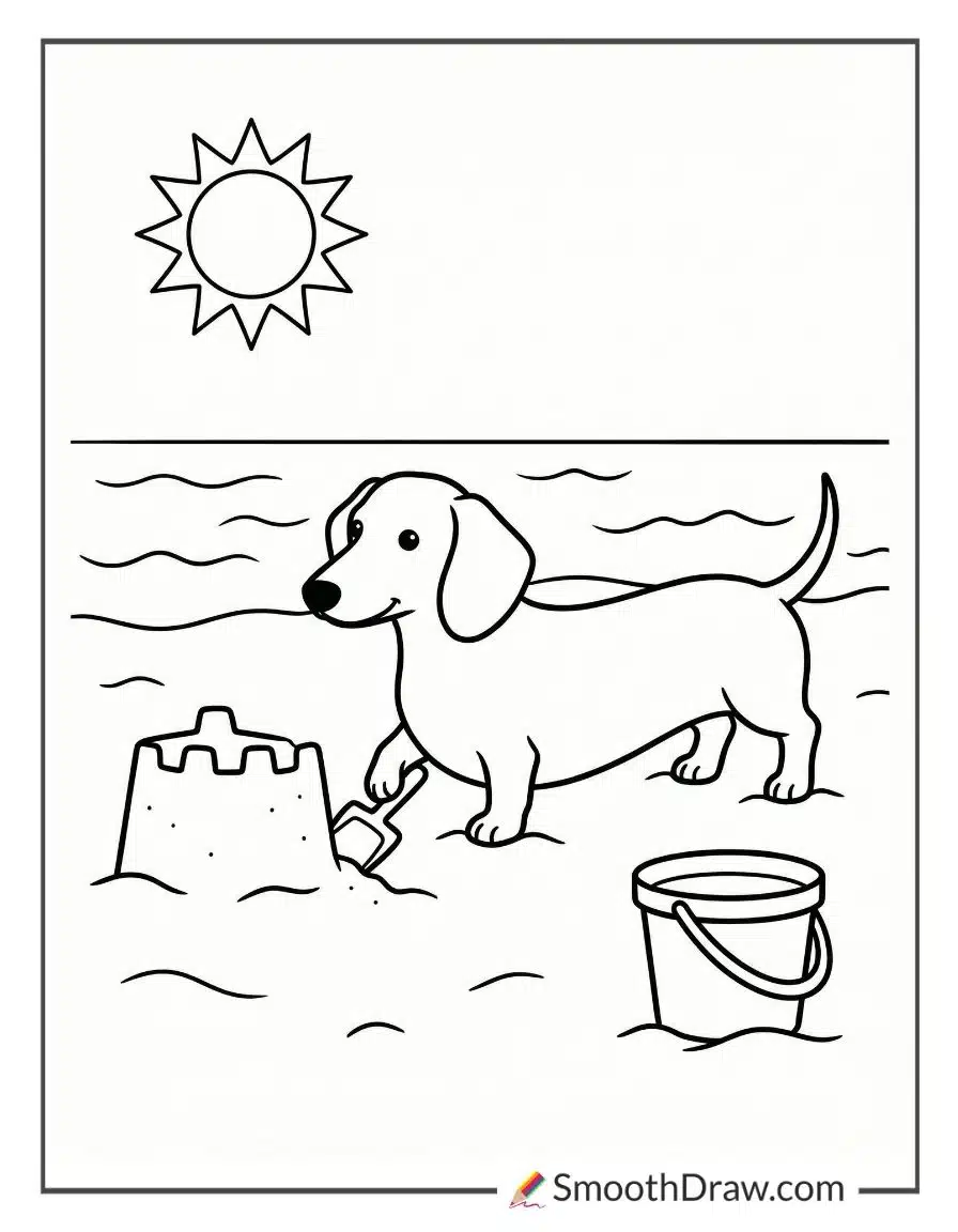 Dachshund At Beach Building Sandcastle