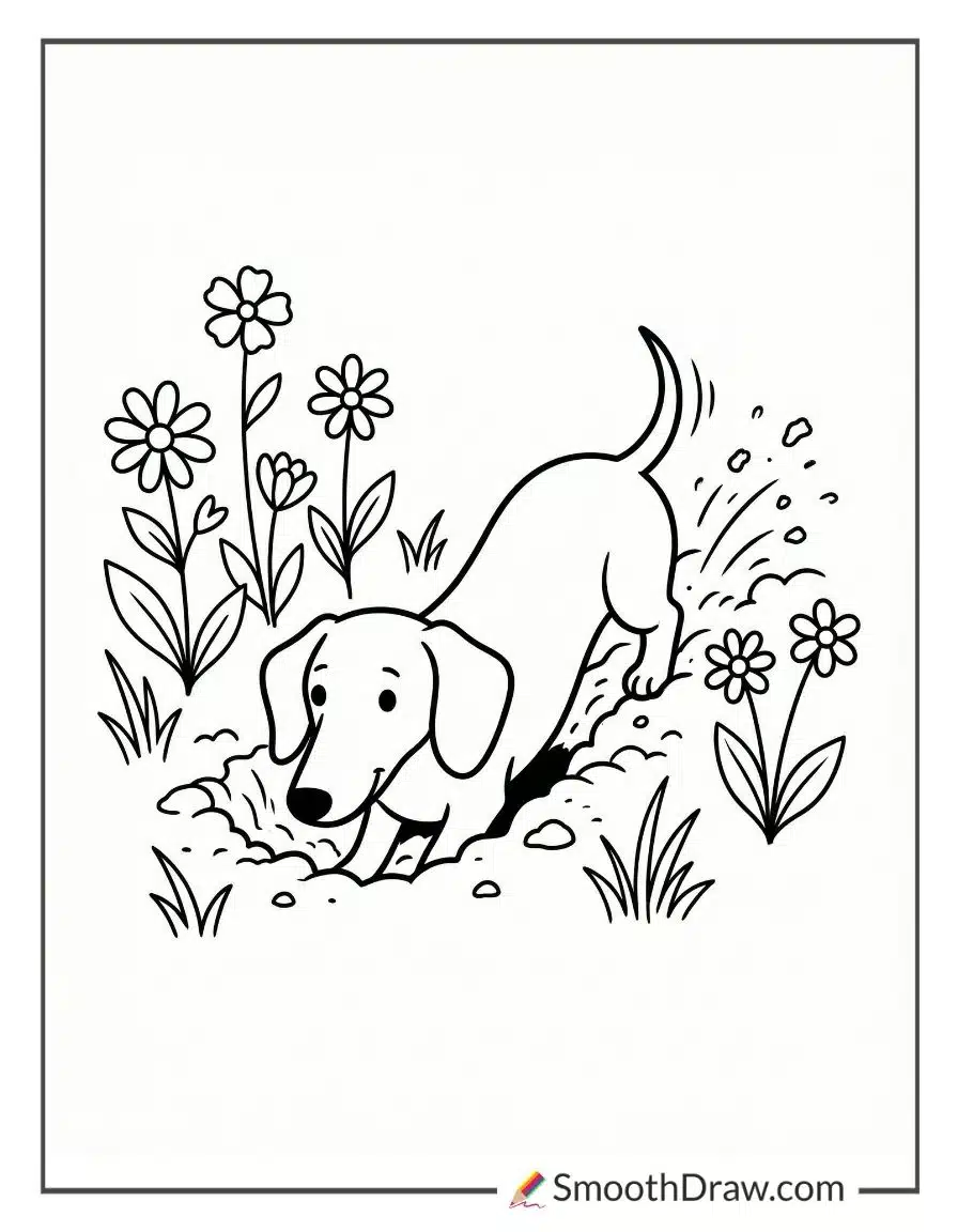 Dachshund Digging In Flower Garden