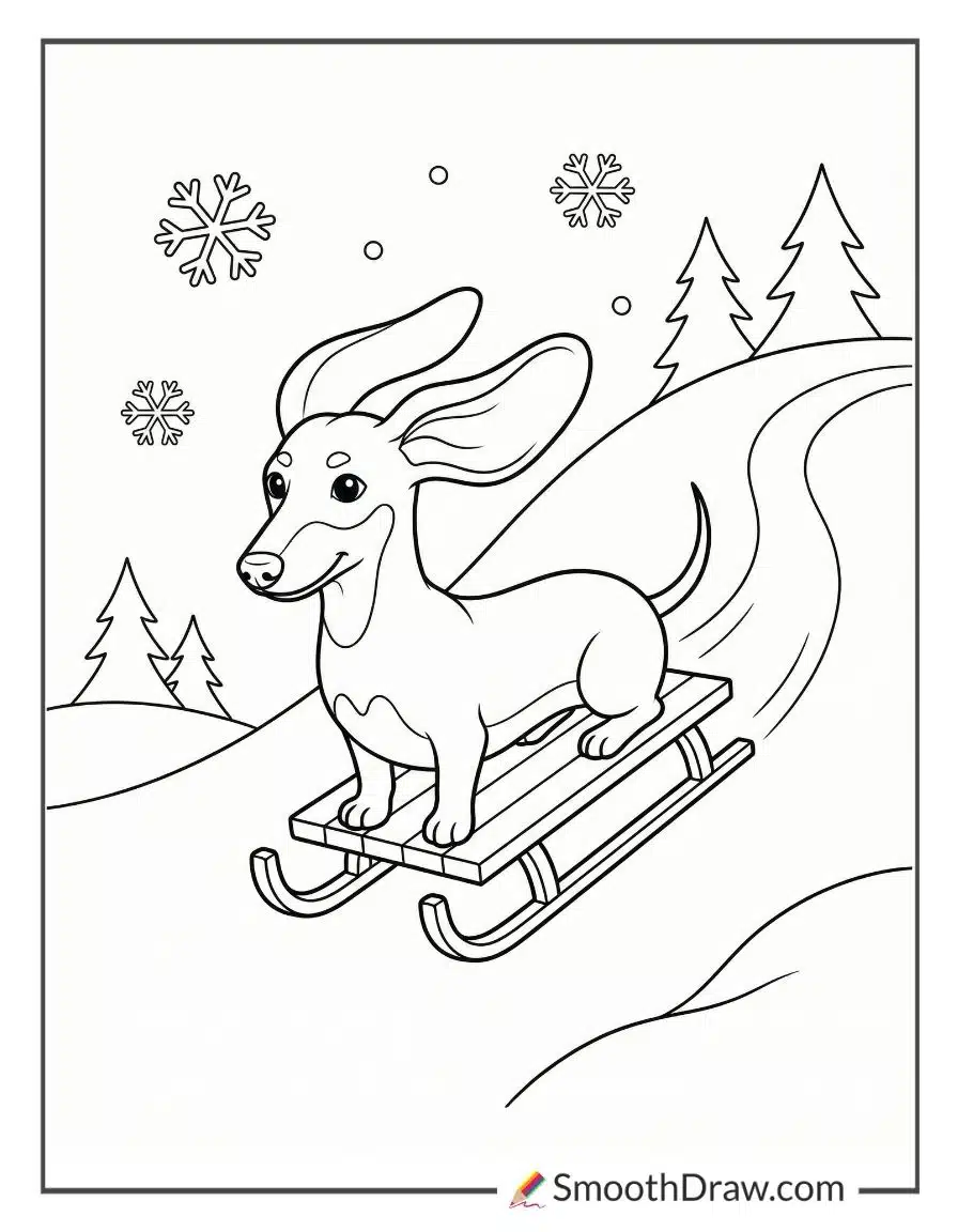 Dachshund Sledding Down Snowy Hill