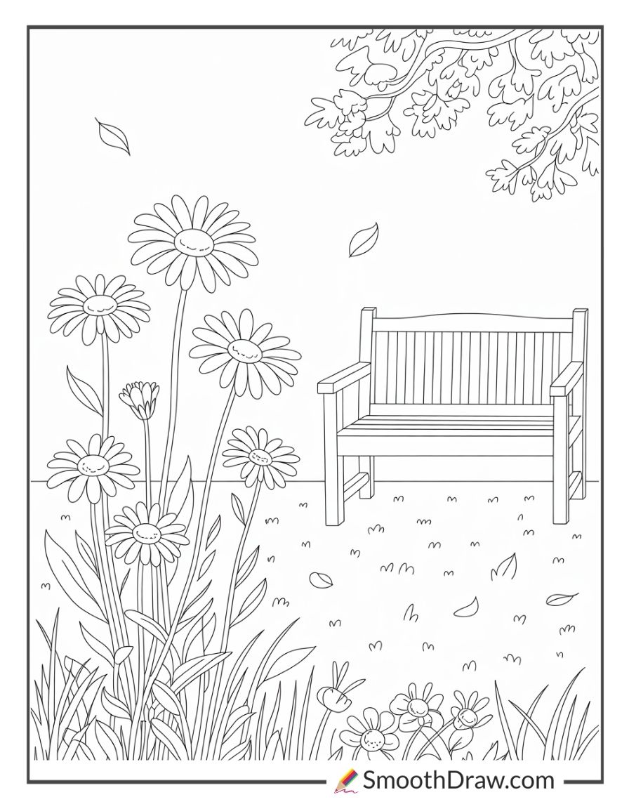 Daisies Growing Near A Wooden Bench