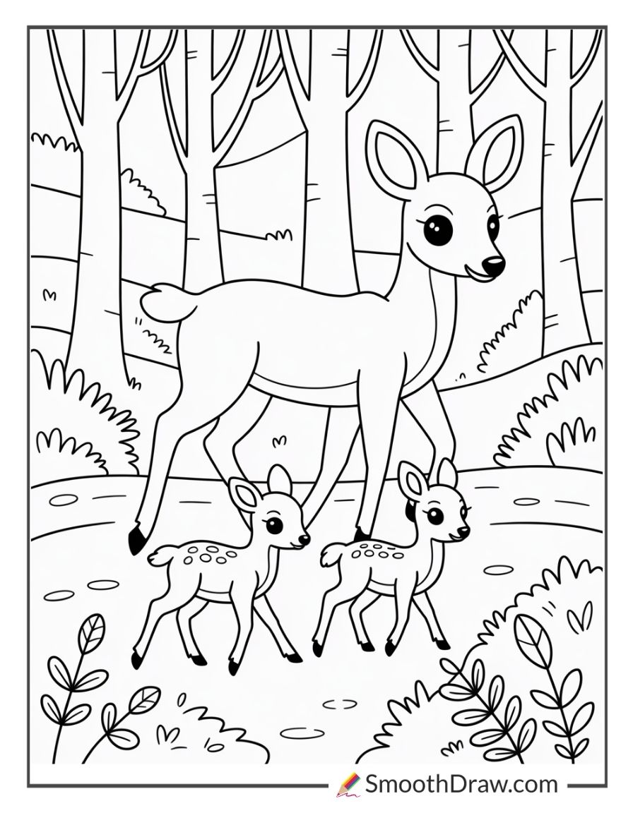 Deer Family Walking Through Woods Coloring Page