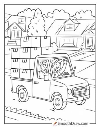 Delivery Driver in a Pickup Truck Coloring Page