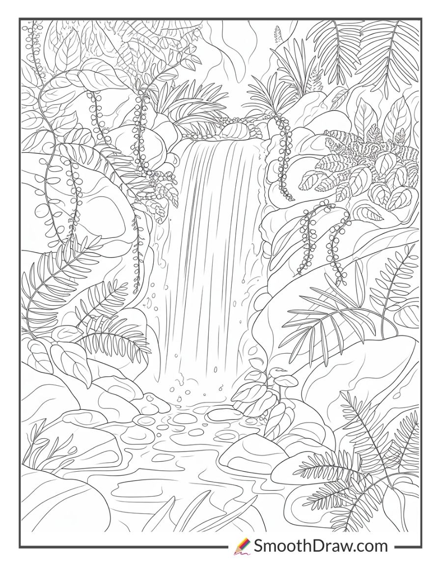 Dense jungle with hidden waterfall