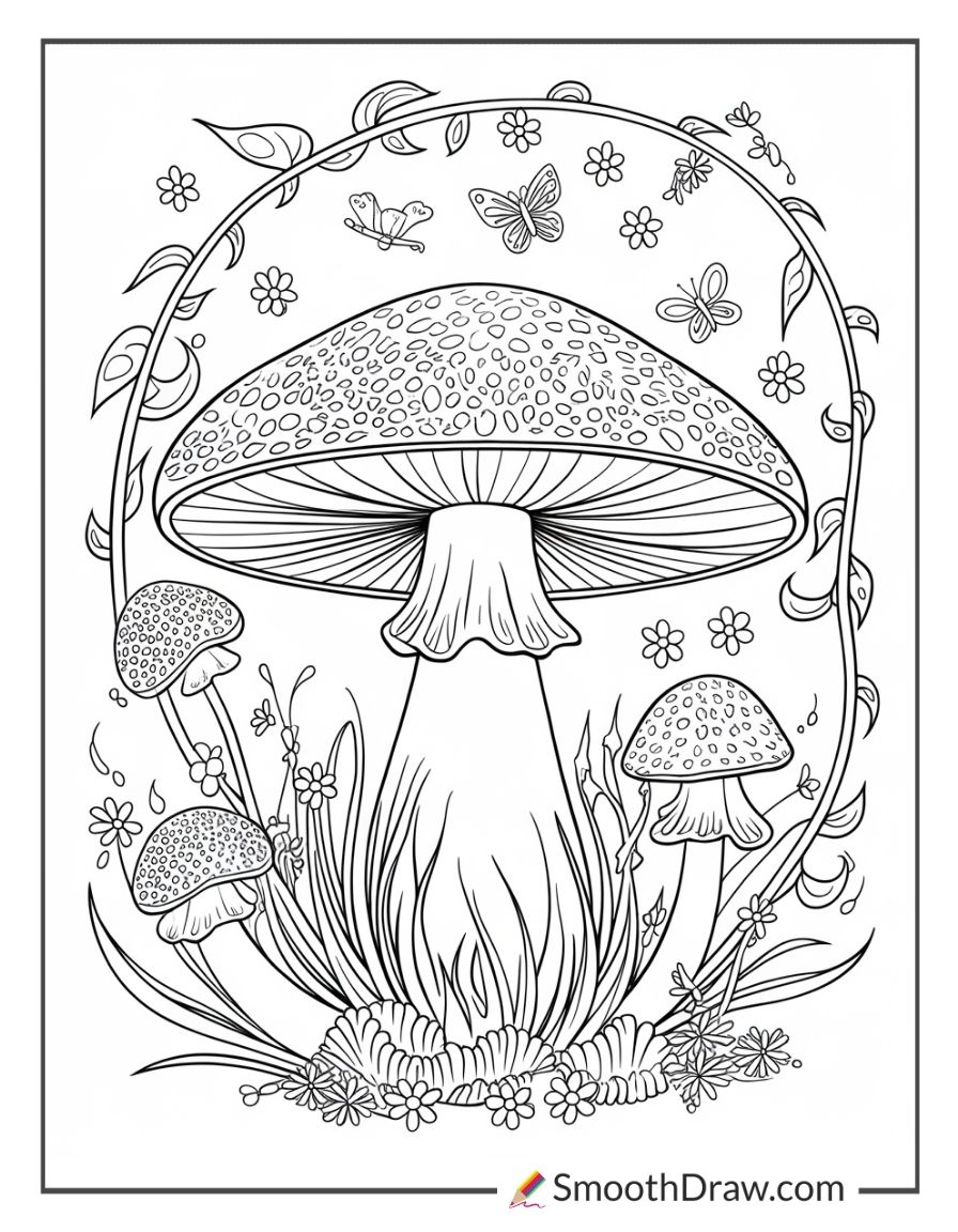 Detailed mushroom coloring page for adults