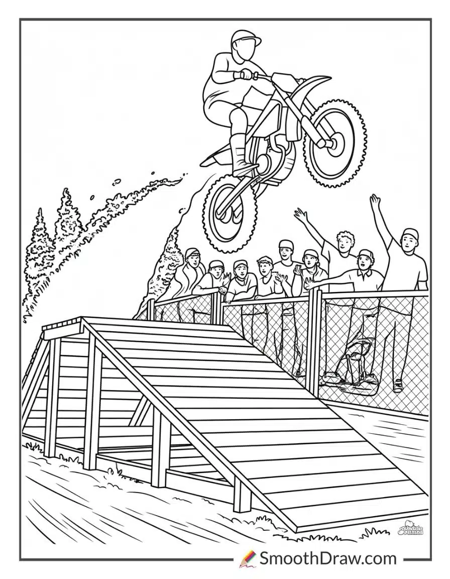 Dirt bike on wooden ramp jump for coloring