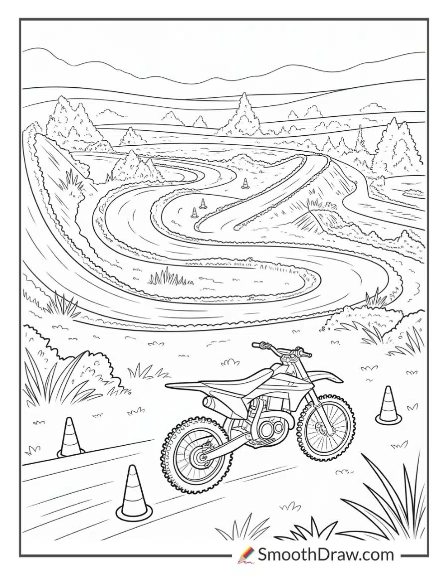 Dirt bike practice track with jumps coloring page
