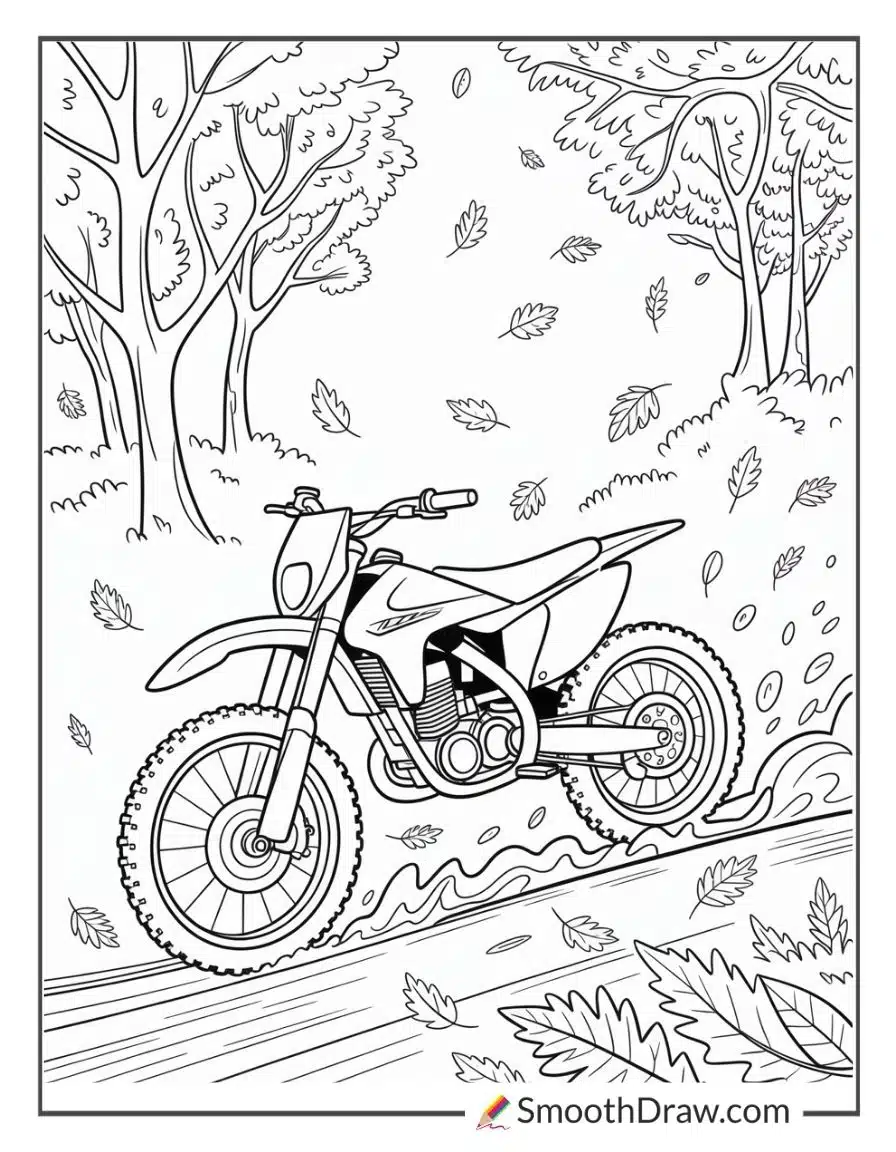 Dirt bike riding through autumn leaves
