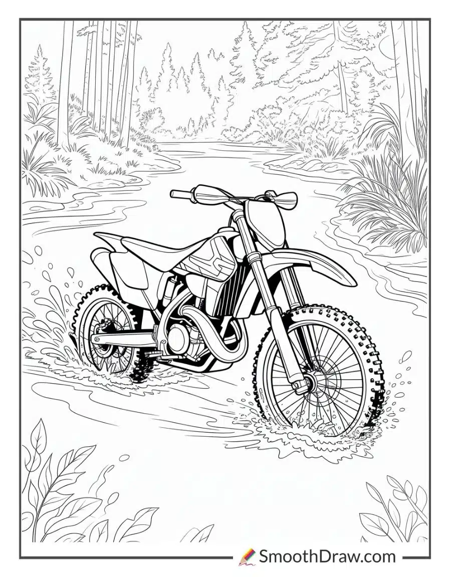 Dirt bike splashing across shallow creek