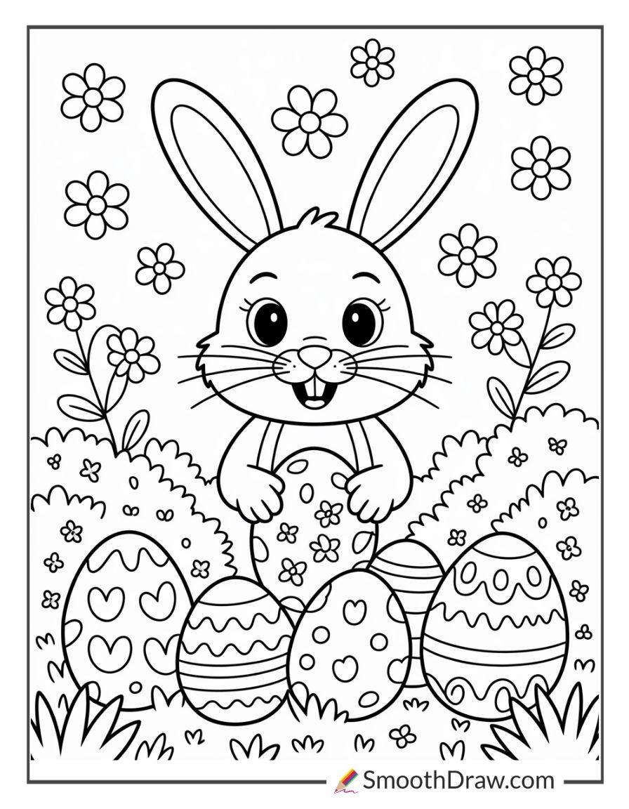 Easter Bunny Hiding Eggs Behind Bushes